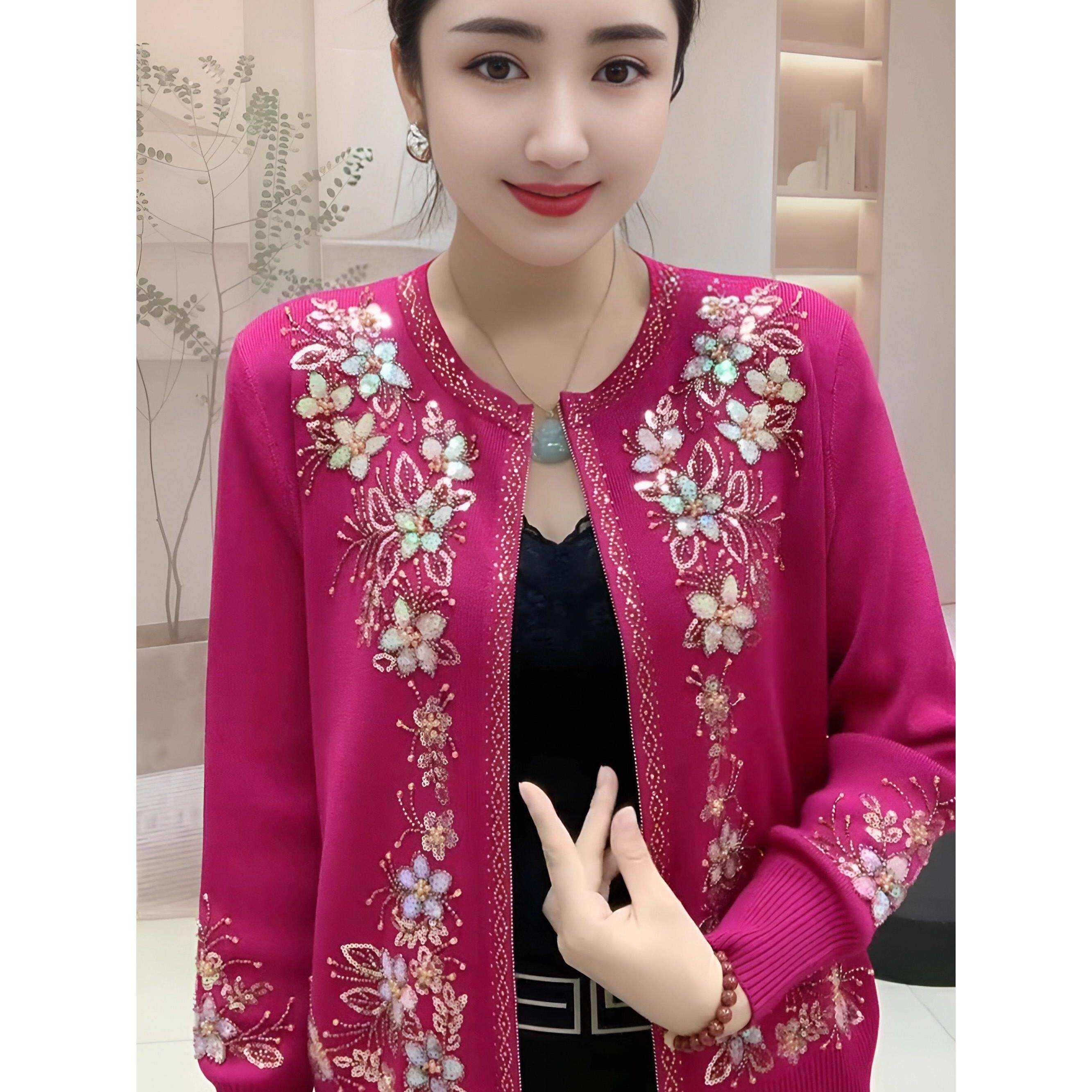 重工蝴蝶花刺绣手工钉珠针织开衫女秋冬高端拉链外套洋气妈妈上衣