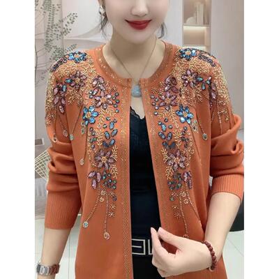 重工亮片刺绣针织开衫外套女洋气中老年妈妈装圆领拉链显瘦上衣潮
