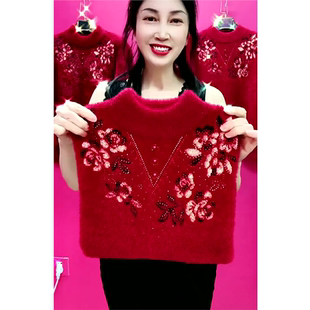 洋气红色毛衣女秋冬妈妈内搭保暖上衣50岁中老年女士加厚打底小衫