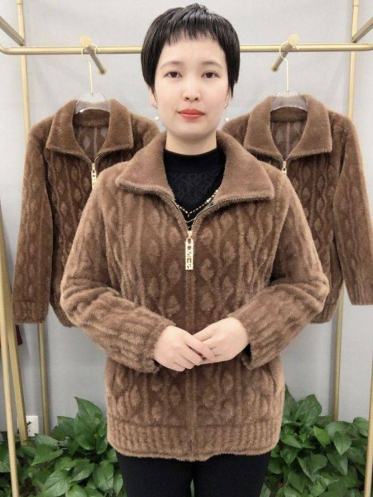 加厚保暖立领水貂绒女装短外套冬季宽松中年通勤柔软妈妈女装开衫