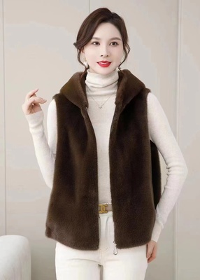 新款秋冬皮草马甲女环保水貂毛连帽外套皮毛一体韩版坎肩洋气背心