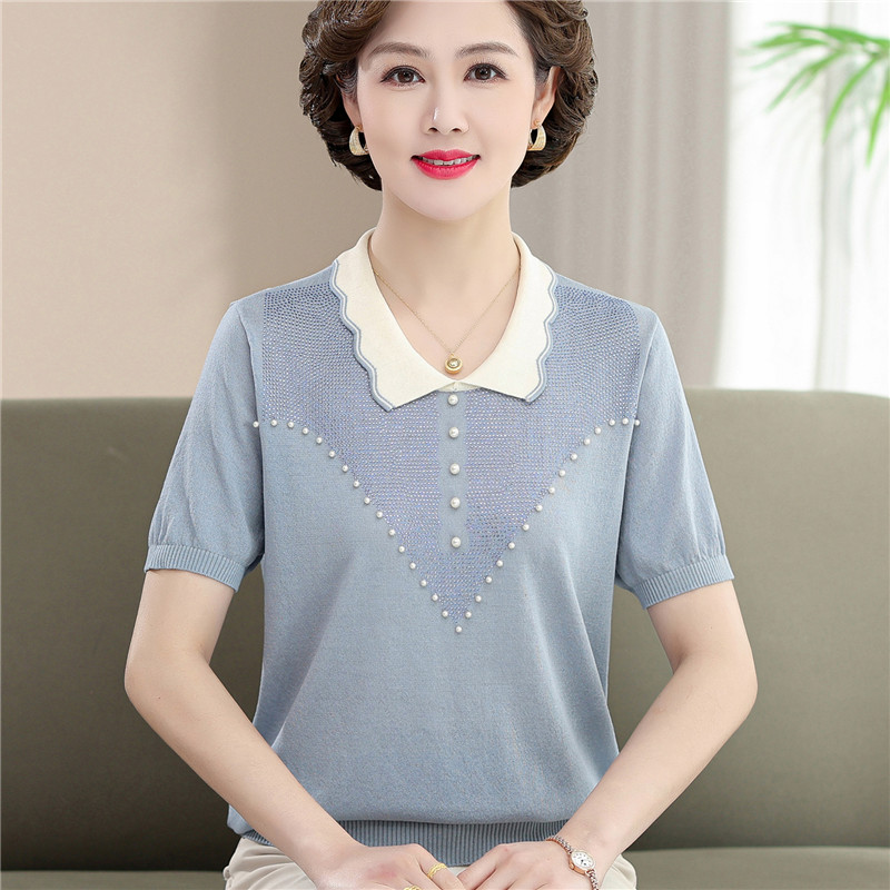 2025新款冰丝t恤妈妈装夏装短袖时尚针织小衫中年女大码上衣薄款
