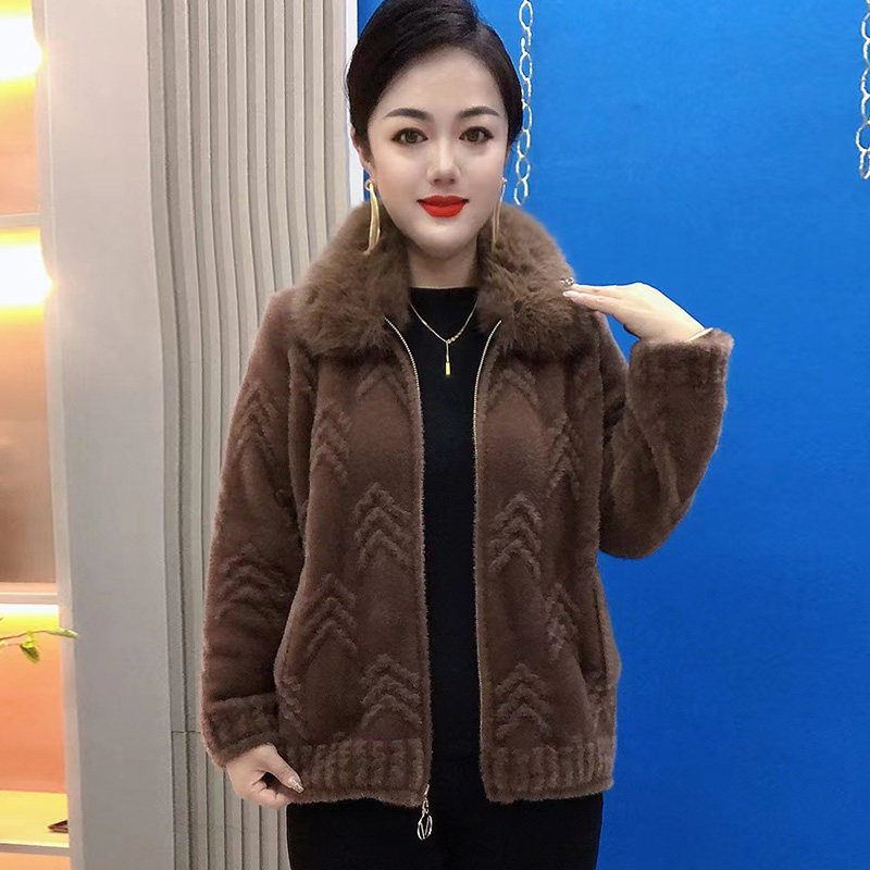 高端中老年妈妈毛领外套加厚黄金貂绒箭头长袖保暖秋冬开衫外搭女