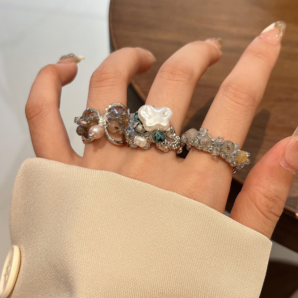 甜酷珍珠流苏蝴蝶戒指彩色串珠天然石金属质感指环小众设计手饰