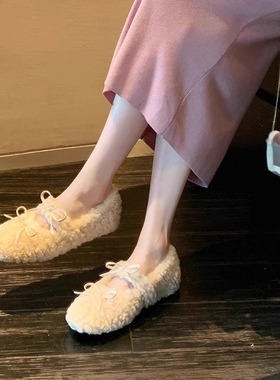 玛丽珍鞋女外穿平底蝴蝶结2025新款冬季毛毛鞋内 3CM增高小个子鞋