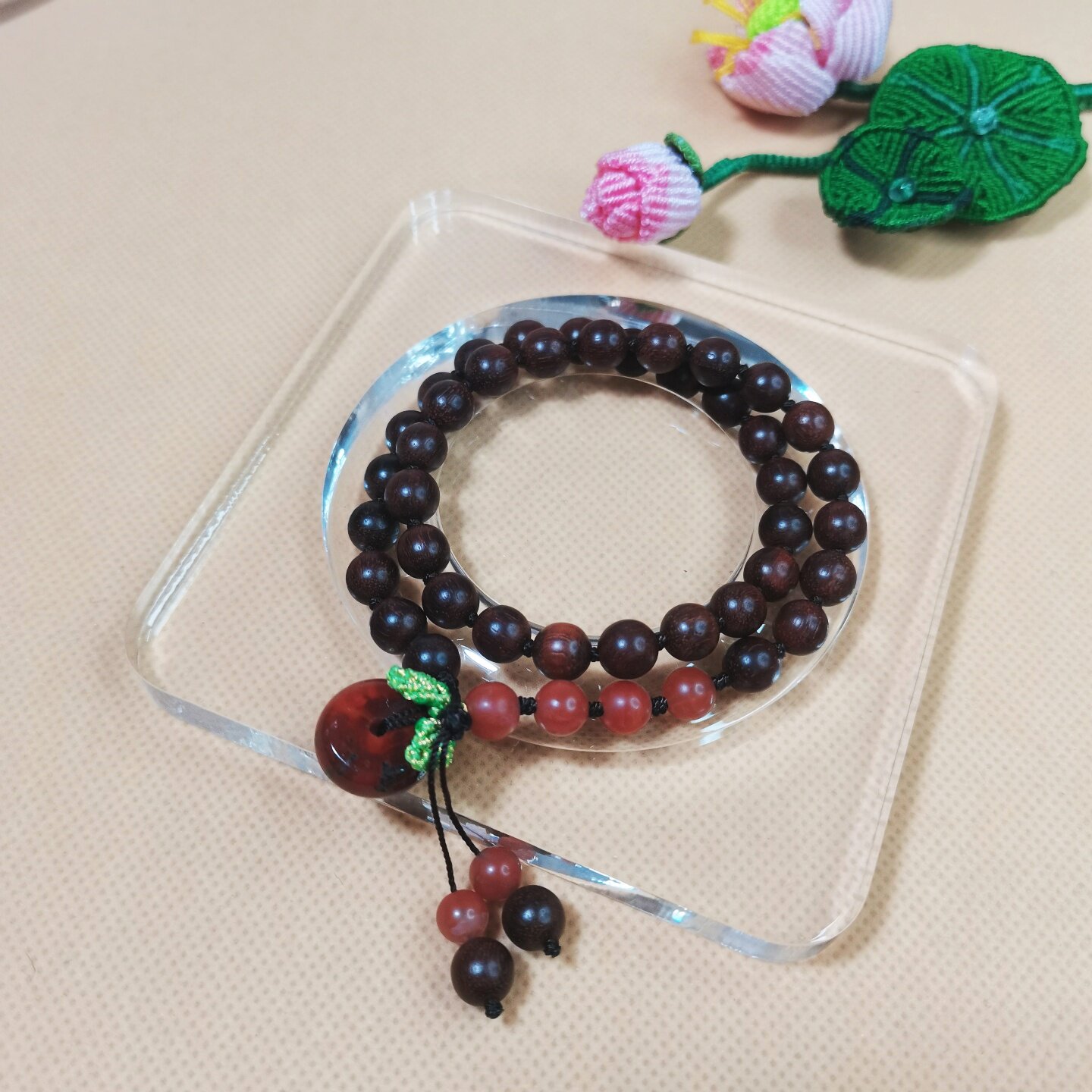清纹设计款小叶紫檀佛珠手链双层叠戴女士岫玉莲蓬南红平安扣手串