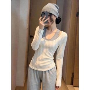 新品 内搭打底衫 假两件长袖 修身 上衣螺纹德绒 T恤春秋女装 2026春季