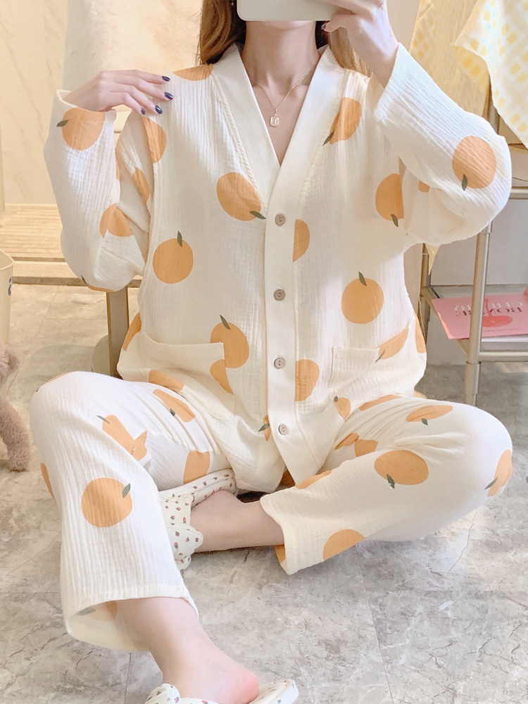 孕妇睡衣女纯棉纱布麻网红月子服透气吸汗产后5份产妇开衫可哺乳4