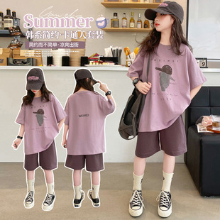 女童休闲短袖t恤套装夏季2026新款儿童夏装大童短裤洋气运动女孩