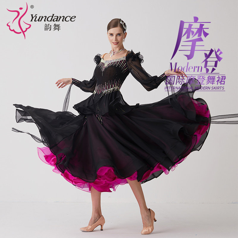 韵舞新款国标摩登舞蹈表演出比赛服装大摆连衣裙定做交谊舞贴钻