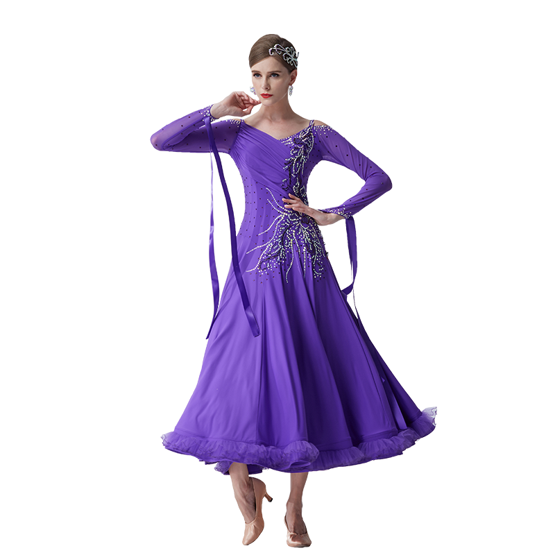 yundance韻舞春季新款國標(biāo)摩登舞蹈服裝大擺連衣裙女華爾茲練習(xí)服