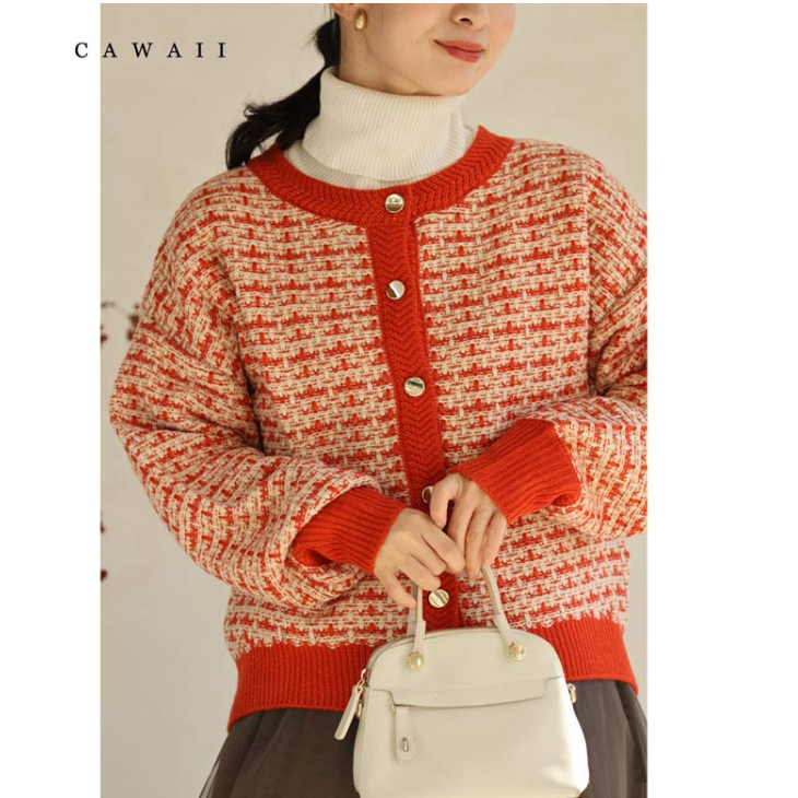 日本海外直邮2025秋冬女装代购格纹圆领长袖时尚针织衫开衫外套