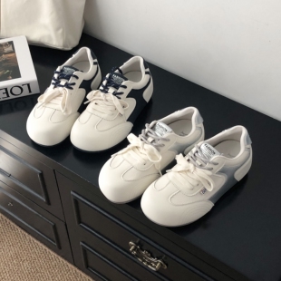 真皮圆头小白鞋女款休闲鞋2026春季新款平底系带韩版拼色德训鞋潮