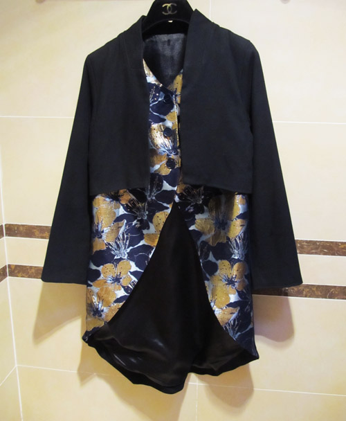 HIGH-END WOMENS CUSTOM EMBROIDERY JACQUARD STITCHING DOVETAIL FAKE TWO-PIECE BLACK MID-LENGTH SUIT JACKET