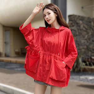 夏季大码宽松中长款收腰显瘦连帽薄外套防紫外线透气防晒衣服女夏
