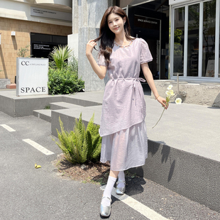 夏天裙子女韩版中长款网纱拼接系带收腰显瘦高级感休闲轻奢连衣裙