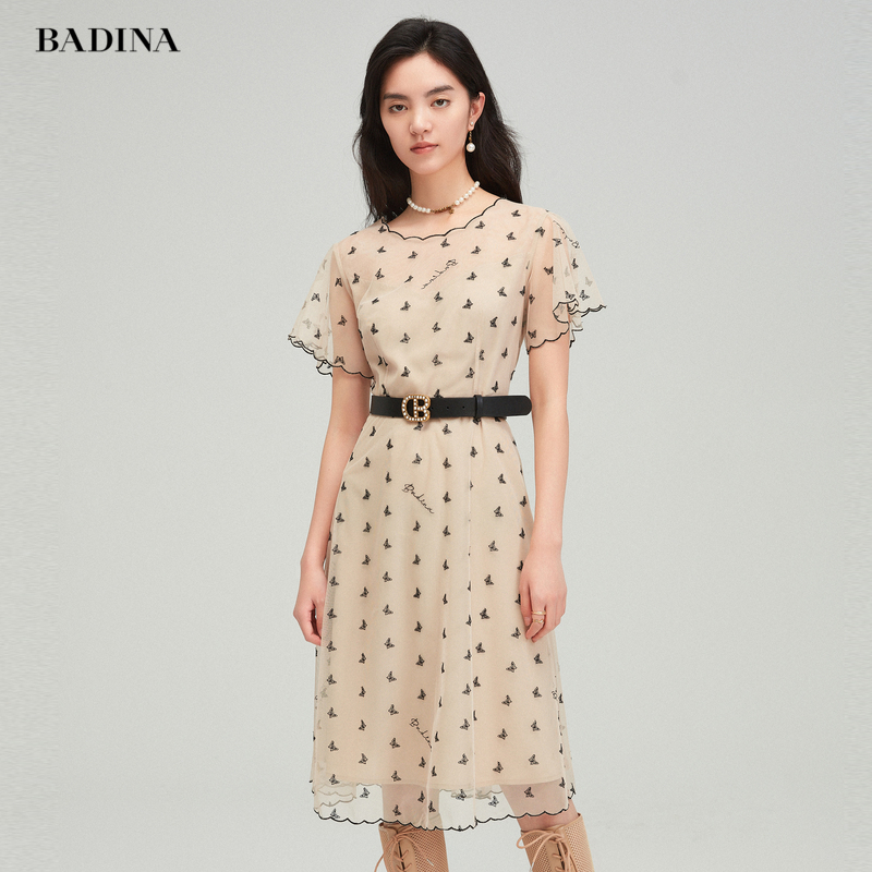 芭蒂娜网纱连衣裙轻奢夏季新款甜美修身高腰印花薄款短袖中长裙