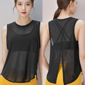 后背开叉网纱半透明健身衣女宽松透气排汗瑜伽外穿休闲运动上衣夏