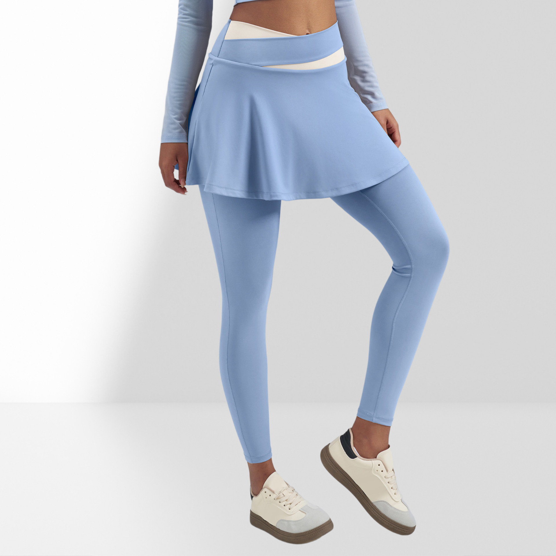 假两件高腰运动长裤女撞色A字裙摆遮臀跑步健身速干紧身网球裙裤