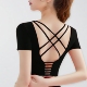 交叉美背健身衣女可拆卸胸垫速干透气露脐紧身修身 瑜伽服健身短袖