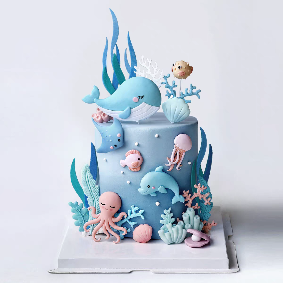 网红烘焙鲸鱼八爪魔鬼鱼海豚水母贝壳插件海洋生日蛋糕装饰摆件
