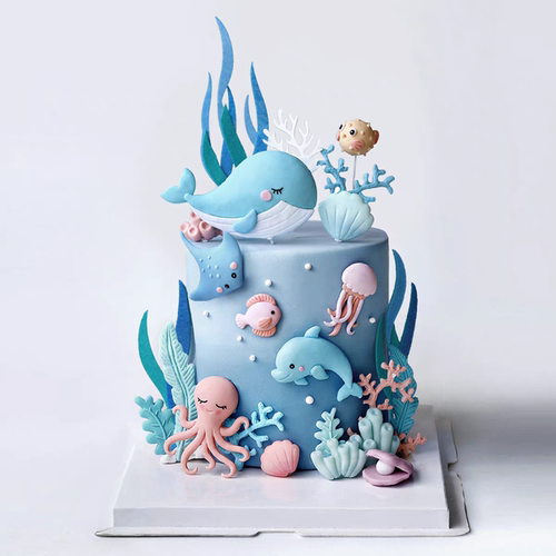 网红烘焙鲸鱼八爪魔鬼鱼海豚水母贝壳插件海洋生日蛋糕装饰摆件