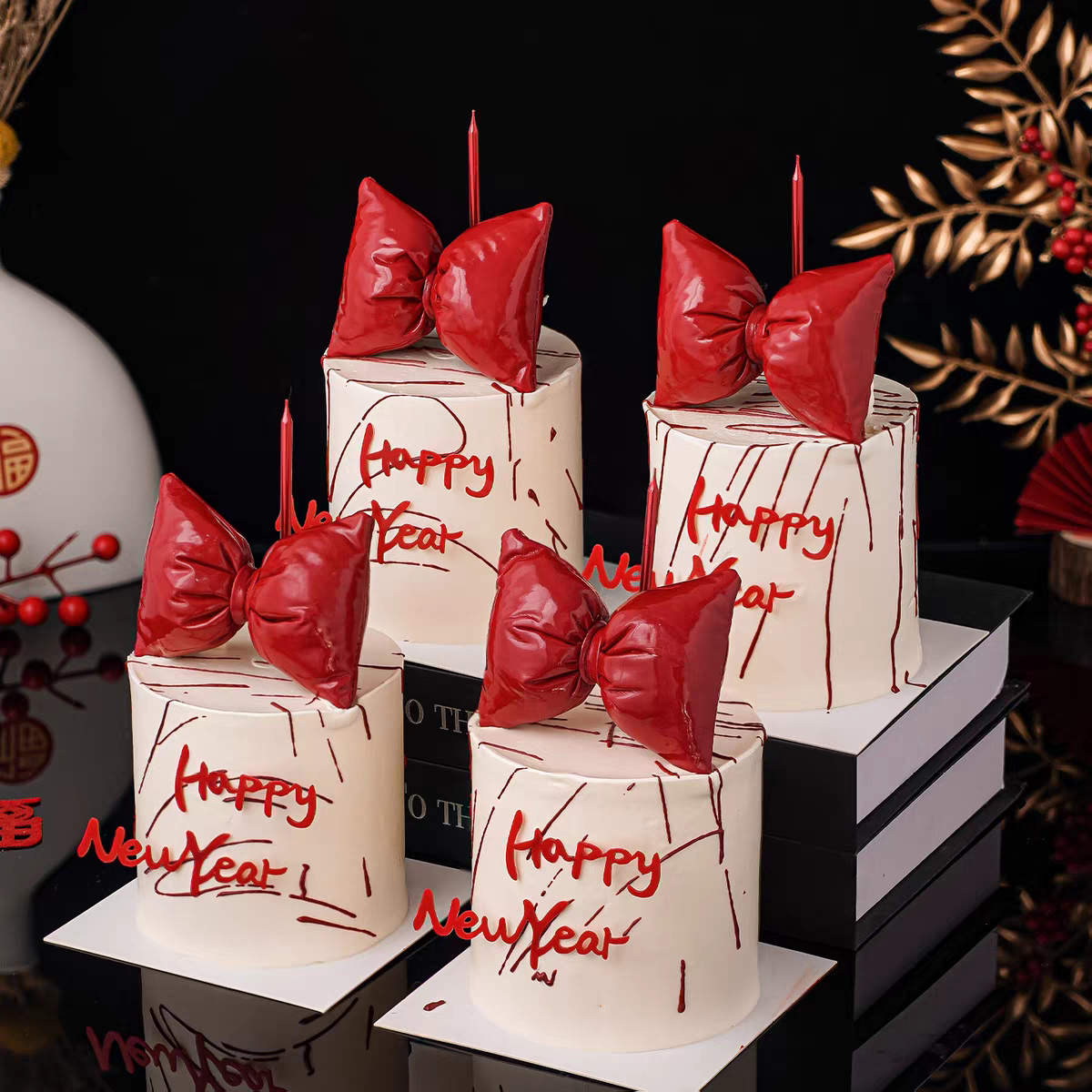 2026新年跨年马年皮质立体蝴蝶结丝带装扮插件蛋糕装饰亚克力摆件