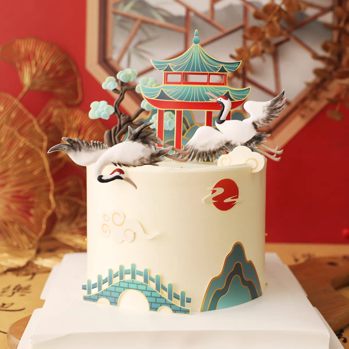 国风祝寿烘焙蛋糕装饰仙鹤松树山云庭中国风福寿生日节日派对插卡
