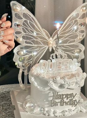 果果酱烘焙发光刺绣蝴蝶蛋糕装饰带灯白色烘焙摆件网红插件女