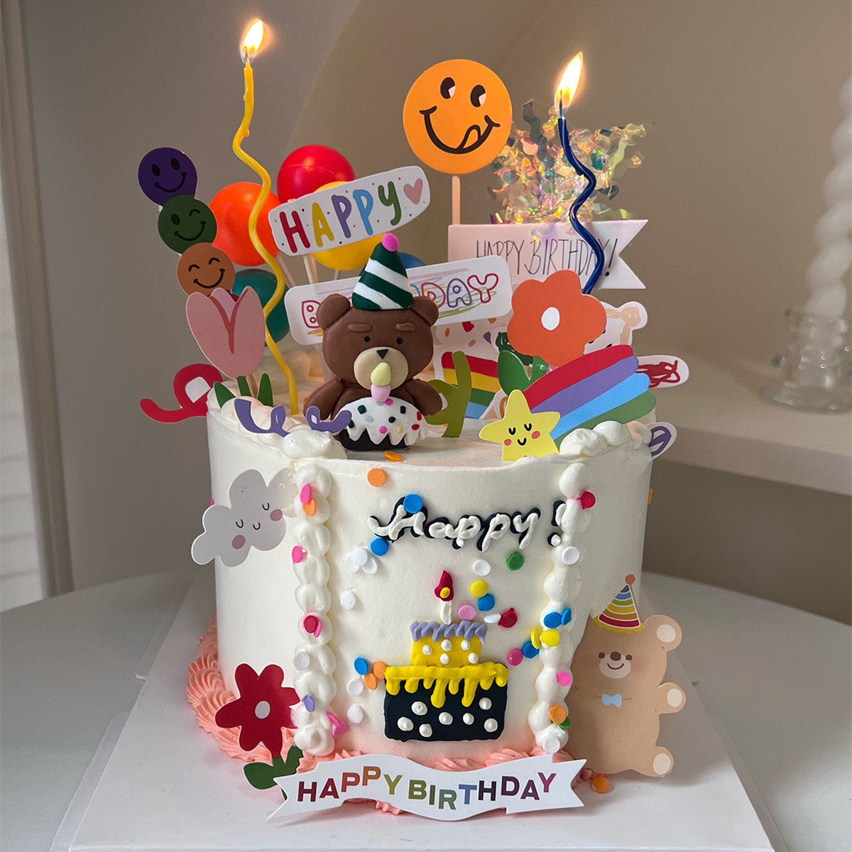 韩ins风可爱小熊生日蛋糕装饰摆件软陶笑脸插牌彩色气球插件网红,节庆用品/礼品,节日装扮用品,淘宝优惠券,粉丝福利购,淘宝优惠卷