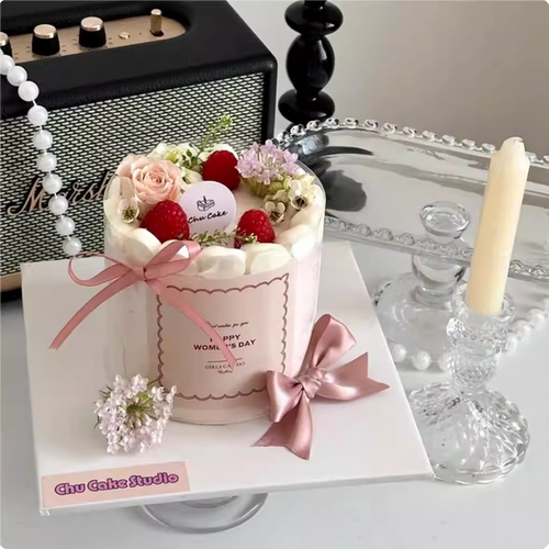 网红3.8女神节快乐粉色蝴蝶结丝带装饰配件粉色贴纸围边蛋糕装饰