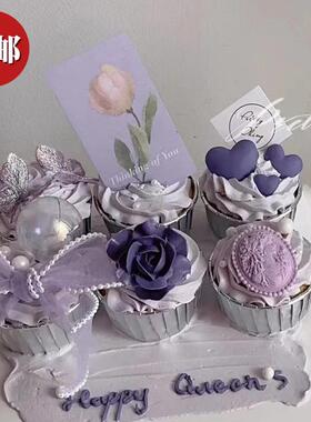 网红紫色系兰花卡片蝴蝶插件女神节纸杯蛋糕装饰珍珠丝带头像模具