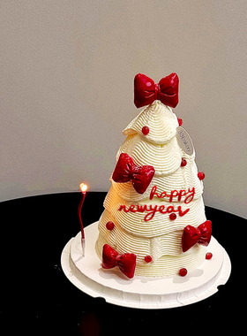 2025跨年新春网红皮质红色蝴蝶结蛋糕装饰happy newyear烘焙装饰