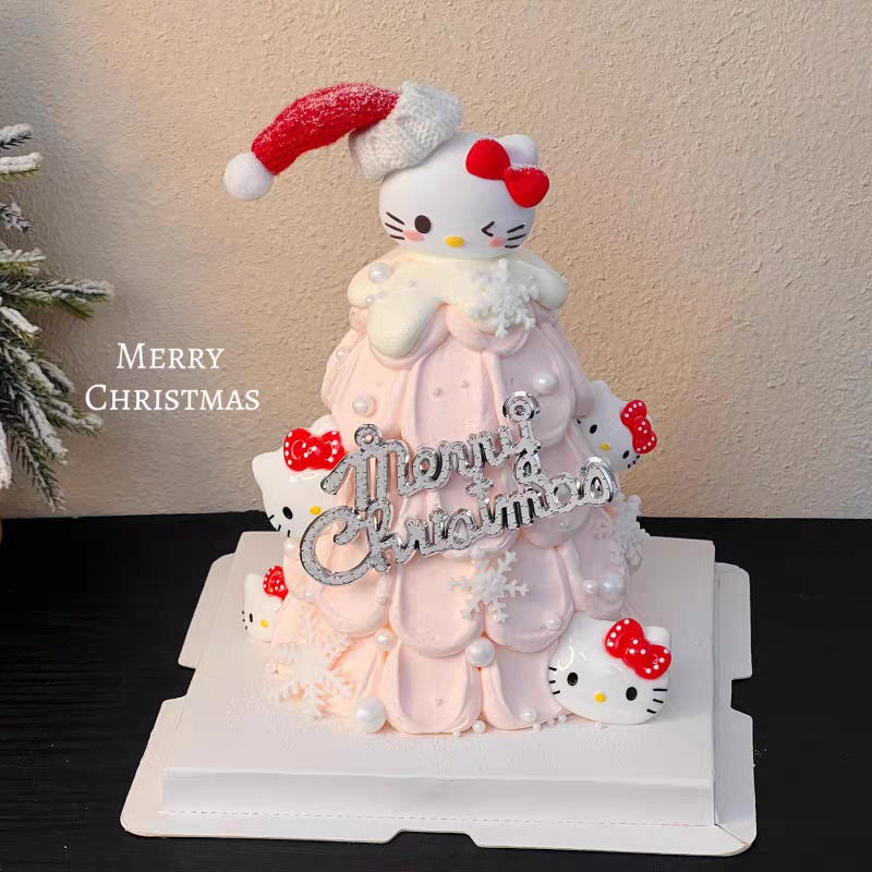 2025圣诞帽kt猫摆件圣诞快乐插牌圣诞节hellokitty许愿树蛋糕装饰