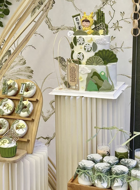 绿色系龙宝宝新中式周岁生日宴蛋糕装饰摆件国风甜品台插排贴纸