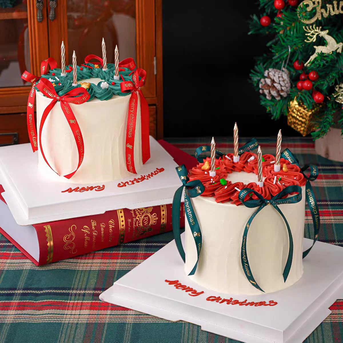 2026平安夜派对丝带蝴蝶结螺纹蜡烛烘焙装扮插件圣诞节蛋糕装饰