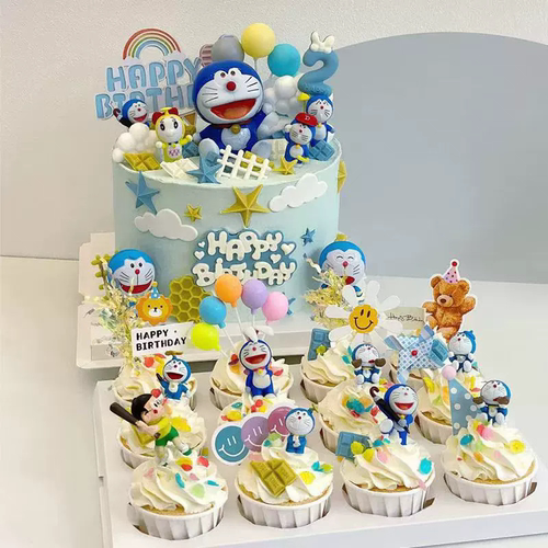 网红儿童周岁生日甜品烘焙装扮插件卡通哆啦A梦生日蛋糕装饰摆件