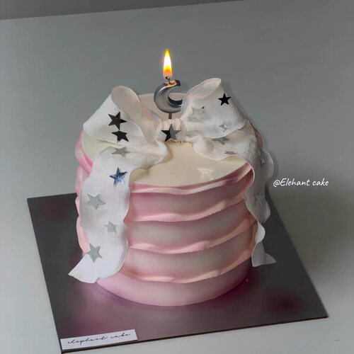 ins风褶皱丝带蛋糕装饰银色月亮蜡烛插件星星亮片生日装扮蛋糕款