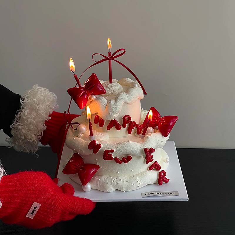 2025跨年蛋糕装饰新年红色蝴蝶结丝带女神生日蜡烛派对插件