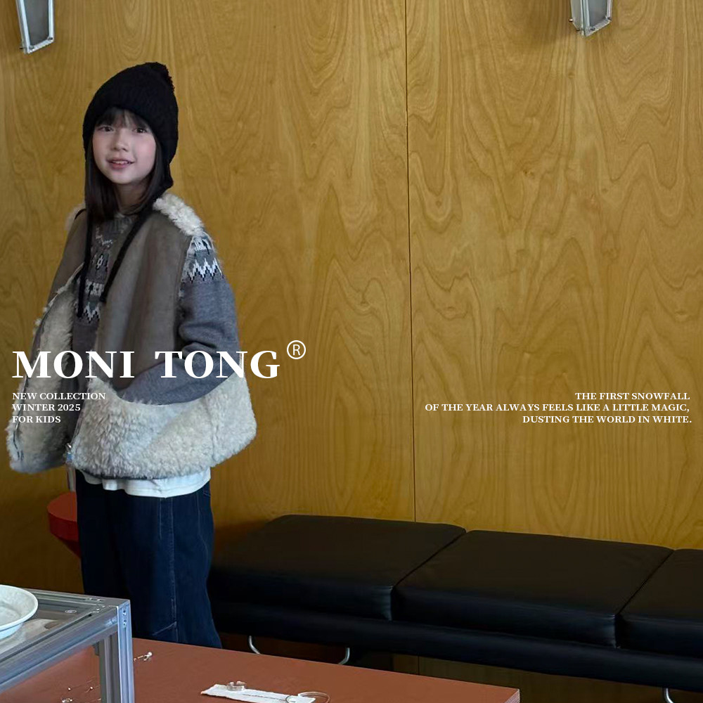 MONI 圆领针织提花毛衣/皮毛一体马甲