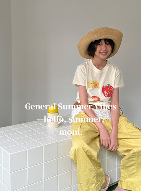 MONI 印花水果薄款T恤/嫩黄口袋翻边直筒9分裤