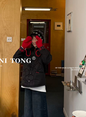 MONI 撞色绗棉小翻领刺绣棉服外套/深色复古锥形牛仔裤(拉绒)