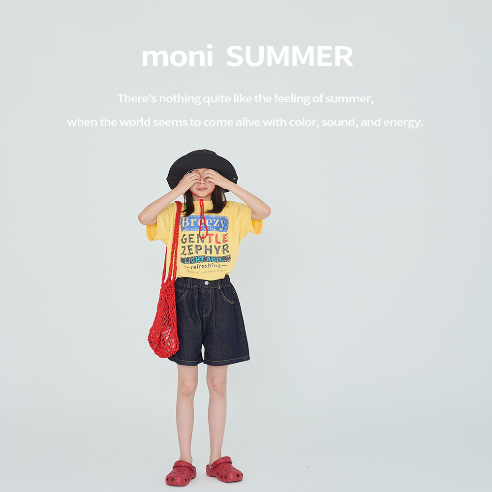 MONI 嫩黄做旧印花英文字T恤/藏蓝水洗牛仔短裤(薄款)