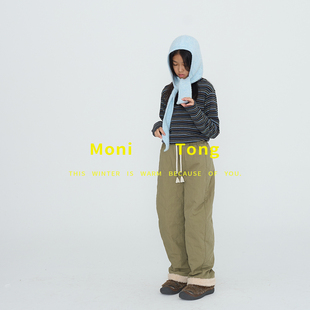 MONI 彩条纹珊瑚绒小高领打底衫/拼接羊羔毛葫芦形绗棉长裤(80g)