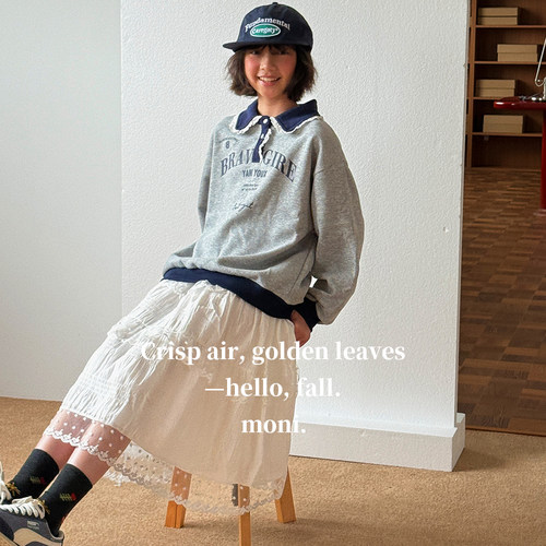 MONI 韩系花边领撞色印花卫衣/甜美少女白色长款花边半裙长裙