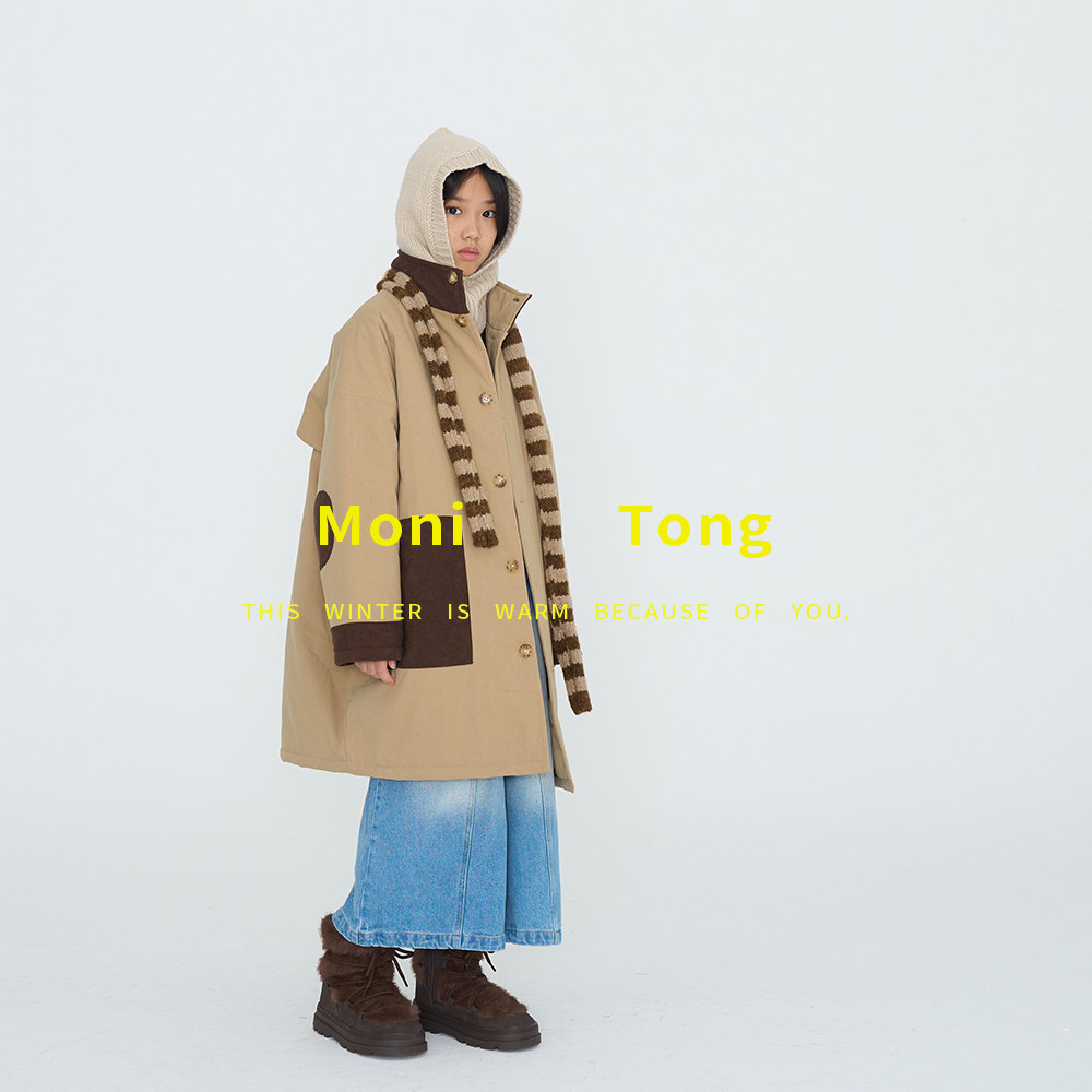 MONI 巴恩风长款拼接棉服绗棉100g厚款长外套/窄条撞色围巾