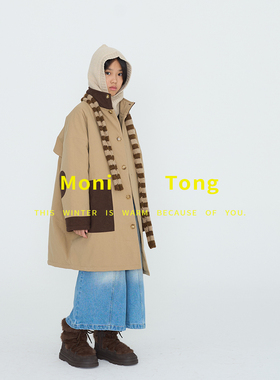 MONI 巴恩风长款拼接棉服绗棉100g厚款长外套/窄条撞色围巾