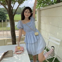 Real price ~ bubble sleeve waist thin double layer cake skirt women's fishbone waist mid length dress