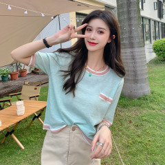 Real shot real price ~ contrast edge false pocket round neck short sleeve T-shirt women's thin small fragrance top