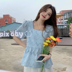 Real price ~ design feeling hollowed out lace square neck bubble short sleeve shirt women's pure color baby shirt